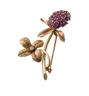 14k Gold Diamond Ruby Flower Brooch Pin