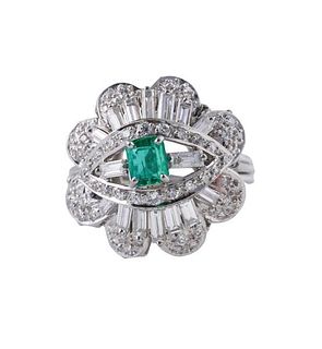 Midcentury 18k Gold Diamond Emerald Ring