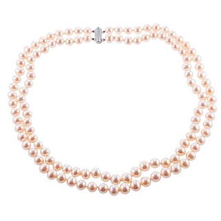 14k Gold Diamond Pearl Double Strand Necklace
