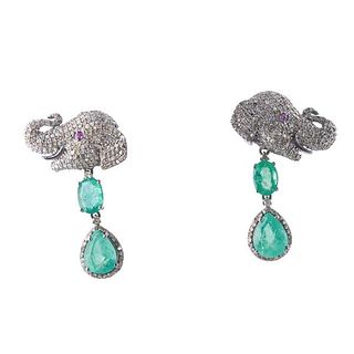 14k Gold Silver Diamond Emerald Ruby Elephant Earrings