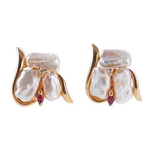14k Gold Pearl  Ruby Diamond Earrings