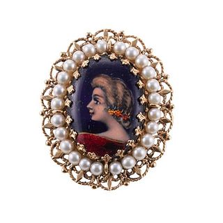 Antique French Porcelain Hand Painted Portrait 14k Gold Pendant Brooch
