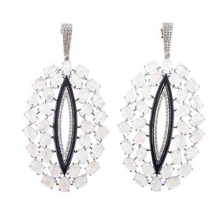 14k Gold Silver Moonstone Diamond Onyx Large Cocktail Earrings