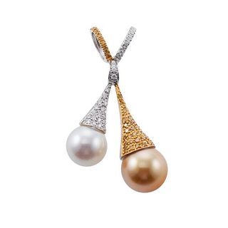 18k Gold Fancy White Diamond Pearl Pendant