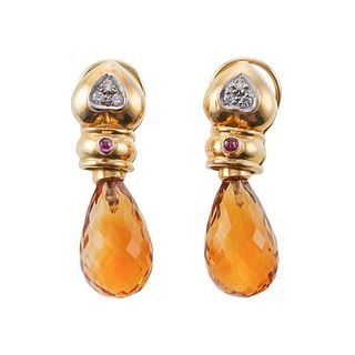 18k Gold Diamond Citrine Briolette Earrings