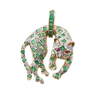 14k Gold Emerald Ruby Diamond Panther Pendant