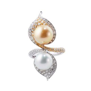 18k Gold Diamond Pearl Bypass Leaf Ring