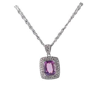 14k Gold Diamond Pink Sapphire Pendant Necklace