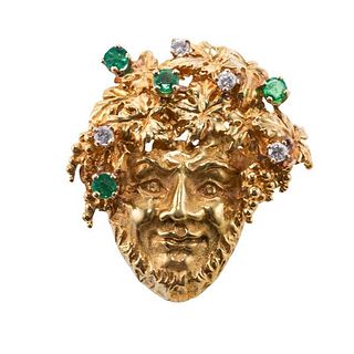 18k Gold Emerald Diamond Bacchus God of Wine Pendant Brooch