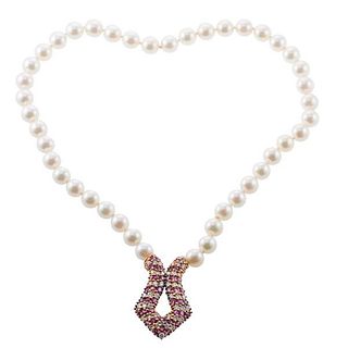 18k Gold Diamond Ruby Pearl Necklace