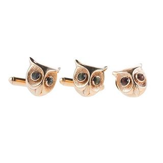 14k Gold 1970s Cat&#39;s Tiger&#39;s Eye Owl Cufflinks Lapel Pin Set