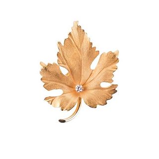 14k Gold Diamond Leaf  Brooch Pin