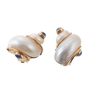Seaman Schepps Vintage 14k Gold Turbo Shell Sapphire Earrings