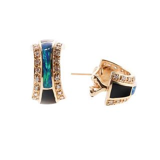 14k Gold Diamond Inlay Opal Onyx Hoop Earrings