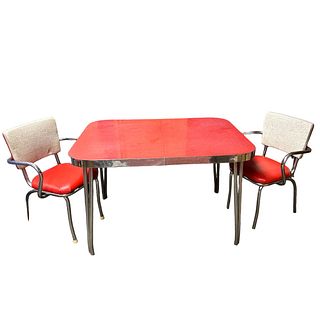 Mid-Century Red and Chrome Table with Pair of Red and White Chairs