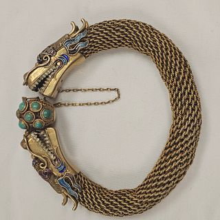 Chinese Export Turquoise, Enamel, Silver Gilt Dragon Bracelet
