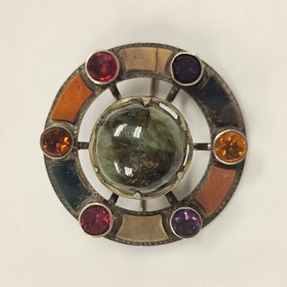 Victorian Scottish Agate, Glass, Sterling Silver Circle Pin
