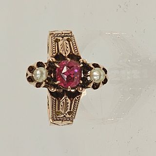 Victorian Ruby Doublet, Seed Pearl, 14k Rose Gold Ring