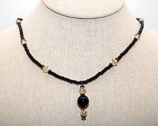 .925 Sterling Silver Black Onyx and Crystal Fine Beaded Necklace with Onyx and Crystal Pendant