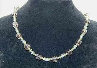 .925 Sterling Silver Smoky Quartz, Peridot, Hematite and White Spinel Beaded Necklace  