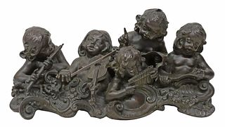 PATINATED BRONZE FIGURAL GROUP, PUTTI MUSICIANS 27"W