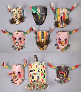 (9) MEXICO FOLK ART CARVED & PAINTED WOOD MASKS