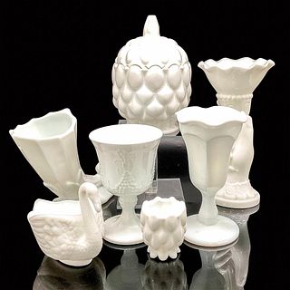 7pc Mixed Lot of Milk Glass Vases + Decor Items