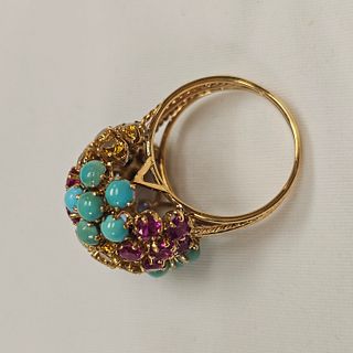 Mulitcolor Flower Cluster Gold Ring 