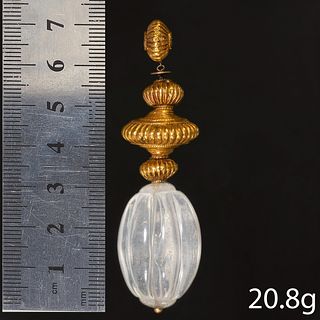 ANTIQUE CARVED ROCK CRYSTAL AND GOLD BEAD PENDANT