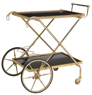 FRENCH MAISON JANSEN STYLE GILT STEEL TWO-TIER SERVICE TROLLEY BAR CART