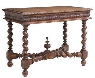FRENCH LOUIS XIII STYLE CARVED & SPIRALED OAK WRITING TABLE