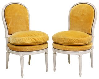 (2) FRENCH LOUIS XVI STYLE PAINTED & UPHOLSTERED LOW SLIPPER CHAIRS