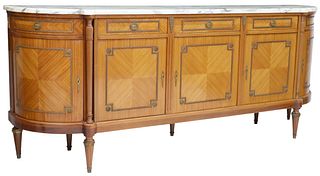 FRENCH LOUIS XVI STYLE MARBLE-TOP MATCHED VENEER SIDEBOARD