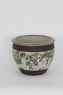 A Chinese Nanking crackle glazed famille rose stoneware jardiniere, 19th Century