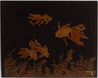 A pair of Polychrome lacquer wood panels depicting goldfishes, Cat Long (XXth)