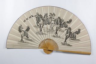 A large fan painted with galloping horses, 20th Century.