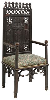 LARGE FRENCH GOTHIC REVIVAL UPHOLSTED ARMCHAIR, 67.5"H