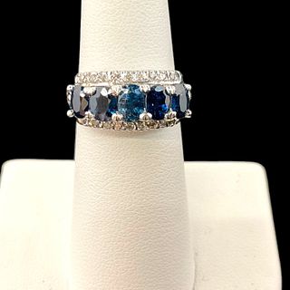 14 Kt White Gold, Blue Oval Sapphires and Diamond Ring