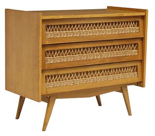 FRENCH MID-CENTURY MODERN OAK & WOVEN RATTAN CHEST OF DRAWERS