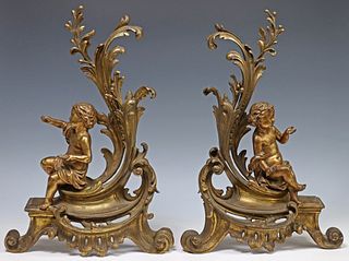 (2) FRENCH LOUIS XV STYLE GILT BRONZE FIREPLACE CHENETS