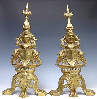 (3) FRENCH BRASS ARMORIAL FIREPLACE CHENETS & CROSSBAR