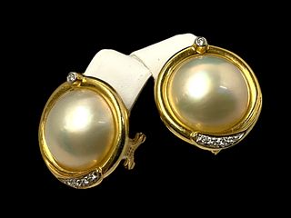 14 kt Yellow Gold, Mabe Pearl & Diamond Earrings
