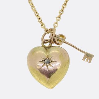 18k & 15k Victorian Diamond Heart and Key Pendant Necklace