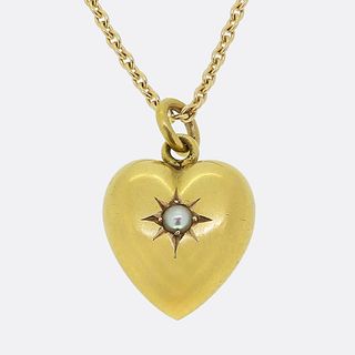18k & 15k Victorian Pearl Heart Pendant Necklace
