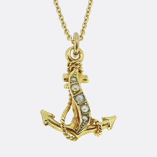 18k Edwardian Pearl Anchor Pendant Necklace