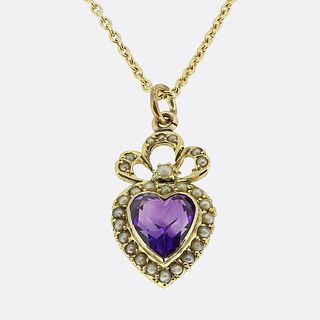 18ct & 15ct Victorian Amethyst and Pearl Heart Pendant Necklace