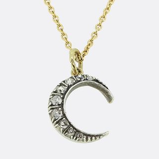 Gold & Silver Victorian Diamond Crescent Pendant Necklace