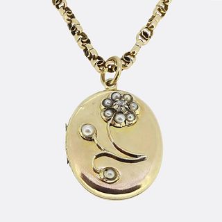 9k Vintage Pearl and Diamond Floral Locket Necklace