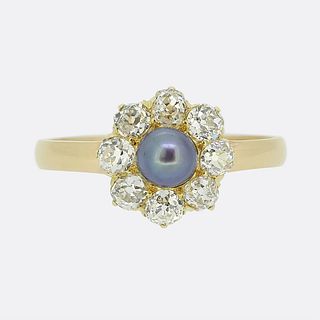 18k Vintage Black Pearl and Diamond Cluster Ring