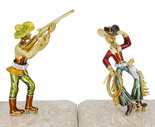 Vintage Cowboy Miniature Diamond Gold Enamel Brooch Pair